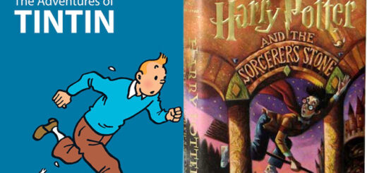 The Adventures of Tintin book side-by-side with Harry Potter and the Sorcerer's Stone