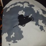 Geek Gear July 2018: T-shirt of Hagrid on Sirius’s motorbike flying through the night sky, a silhouette against the moon
