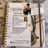Front cover for Harry Potter 2019 weekly planner featuring Harry Potter with his wand lit, plus the time turner and a Hogwarts Express ticket