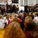 Cast members from “Fantastic Beasts: The Crimes of Grindelwald” help celebrate Wizarding World Day at Parkside Middle School in Baileyton, AL.  (Photo by Butch Dill/Getty Images)