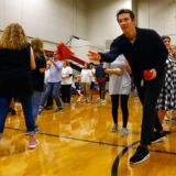 Callum Turner from “Fantastic Beasts: The Crimes of Grindelwald” celebrates Wizarding World Day at Parkside Middle School in Baileyton, AL.  (Photo by Butch Dill/Getty Images)
