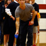 Jude Law from “Fantastic Beasts: The Crimes of Grindelwald” participates in a game to help celebrate Wizarding World Day at Parkside Middle School in Baileyton, AL.  (Photo by Butch Dill/Getty Images)