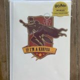 Pop-Up Golden Snitch Card from Insight Editions showing Harry Potter silhouette on his broom, chasing the Snitch in front of the three golden hoops on the Quidditch pitch