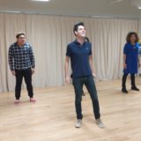 From left to right, Kristin Stokes (Annabeth), Jorrel Javier (Grover), Chris McCarrell (Percy), Jalynn Steele (Camp Half Blood camper), and Ryan Knowles (Chiron) perform “Bring on the Monsters.”