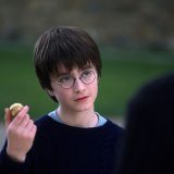 Harry holds the Golden Snitch during his first Quidditch lesson.