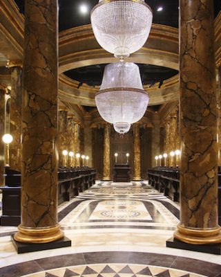 Giant pillars and chandeliers will surely capture visitors’ attention when walking through the Gringotts banking hall.