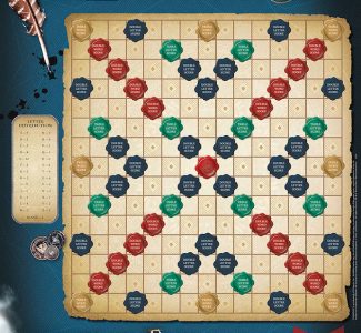 Featured in the custom game board design are a Time-Turner, quill, and wand, as well as a Galleon, Sickle, and Knut.