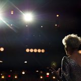 Dame Emma Thompson faces her audience in this still from “Late Night”.