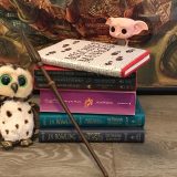 Harry Potter: Manage Your Mischief Marauder’s Map Sequin Notebook alternate cover, displayed with “Harry Potter” books, wand, Dobby figurine, and owl