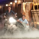 James and Oliver Phelps ride up to the stage in Hagrid’s motorbike and sidecar.