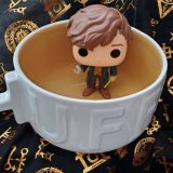 Harry Potter Soup Mug from Hallmark Gold Crown – Hufflepuff, pictured with Newt Scamander Funko POP!