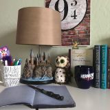 Harry Potter Hogwarts Lamp from The Bradford Exchange: pictured with other Harry Potter collectibles and books