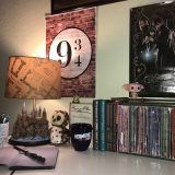 Harry Potter Hogwarts Lamp from The Bradford Exchange: pictured with other Harry Potter collectibles and books, Marauder’s Map lampshade illuminated