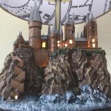 Harry Potter Hogwarts Lamp Illuminated Base: front view of the Hogwarts castle sculpture base illuminated