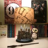 Harry Potter Hogwarts Lamp from The Bradford Exchange: pictured with other Harry Potter collectibles and books, Marauder’s Map lampshade illuminated
