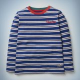 The Mini Boden House Breton in blue features all-over blue and silver stripes, a red collar, and “Ravenclaw” written in red script in the front pocket area. It retails between £20 and £22.
