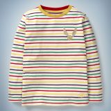 The Mini Boden Golden Snitch Breton, multi-color, features all-over stripes in Hogwarts House colors between white and an image of a Golden Snitch in the front pocket area. It retails at £20.