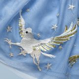 This close-up of the Mini Boden Hippogriff Tulle Skirt in light blue provides a better look at the design: a hippogriff flying among the stars. It retails at £40.