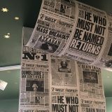 The “Daily Prophet” wallpaper contains readable articles.