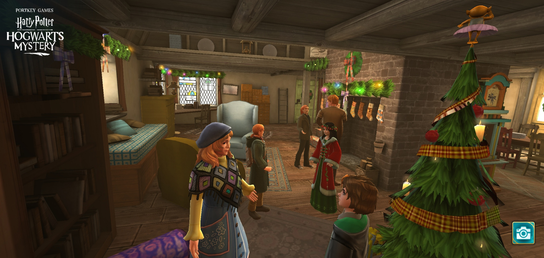 You and the Weasley clan mill about the den at the Burrow in “Harry Potter: Hogwarts Mystery”.