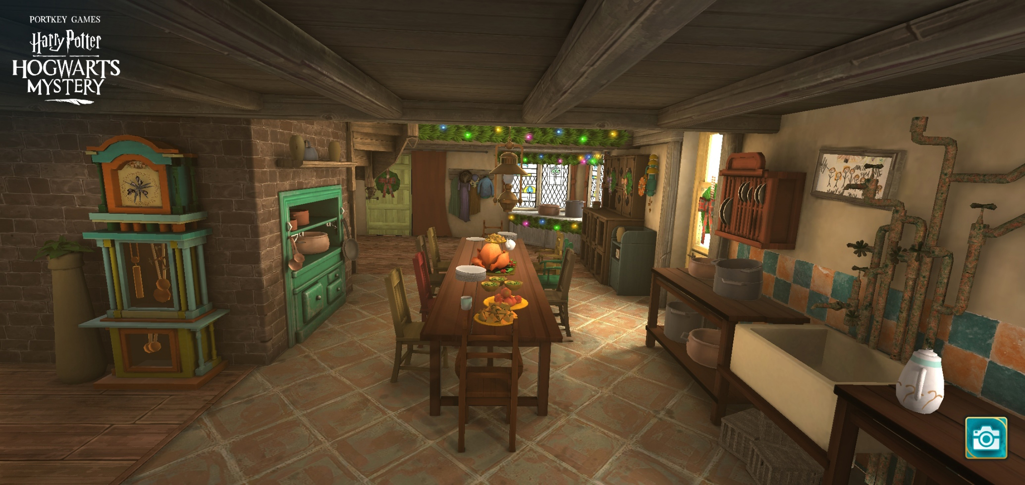 A Molly Weasley feast awaits in the kitchen of the Burrow in “Harry Potter: Hogwarts Mystery”.