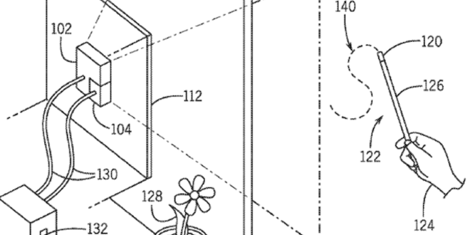 An illustration depicts a patent filed by Universal Parks & Resorts for interactive wand technology.