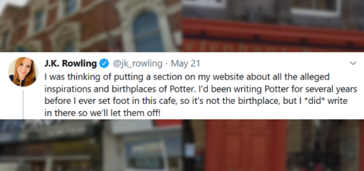 J.K. Rowling's first tweet in a thread about the "birthplace" of "Harry Potter", pictured over blurred photos of two possible locations.
