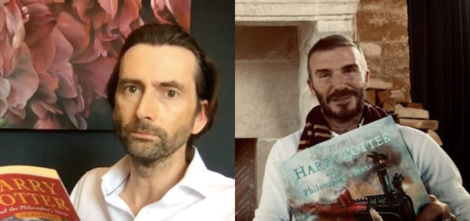 An image of David Tennant and David Beckham reading "Harry Potter and the Philosopher's Stone".