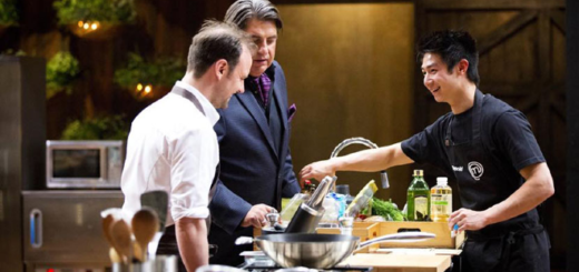 Contestant Reynold Poernomo and "MasterChef Australia" judges are pictured.