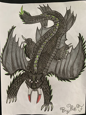 Pictured is an illustration for the United Kingdom edition of “The Ickabog” by Charlotte, 8, of the Republic of Ireland.