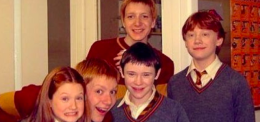 Bonnie Wright, James Phelps, Oliver Phelps, Devon Murray, and Rupert Grint pose for a photo behind-the-scenes during "Harry Potter and the Chamber of Secrets".