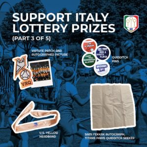 Four of the prizes are an autographed picture of Virtute Romana Quidditch, quidditch pins, a US headband, and an autograph by Sami Fekkak.
