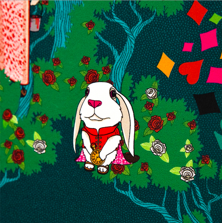 This zoomed-in portion of the wallpaper shows the White Rabbit holding his gold watch in front of a white and red rose bush.