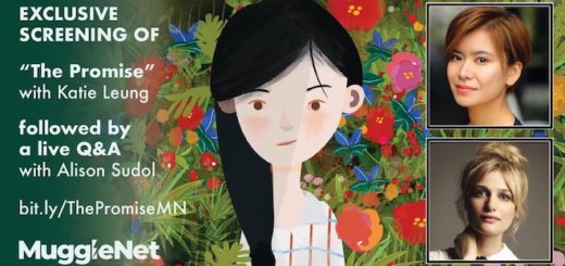 An advert for MuggleNet's exclusive screening of "The Promise". On the left of the image is text with information about the event, in the centre is a cartoon image of a young girl, and on the right are photos of Katie Leung and Alison Sudol.