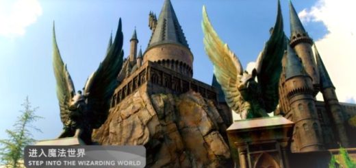 Universal Beijing's Hogwarts stands majestically on a boulder, with winged hog gates.