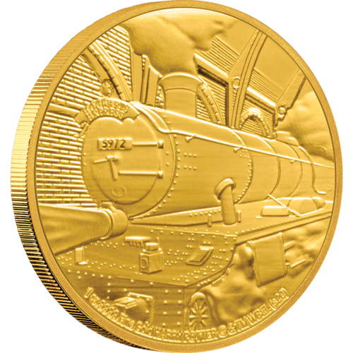 The Hogwarts Express coin in gold depicts the train with steam rising from its engine.