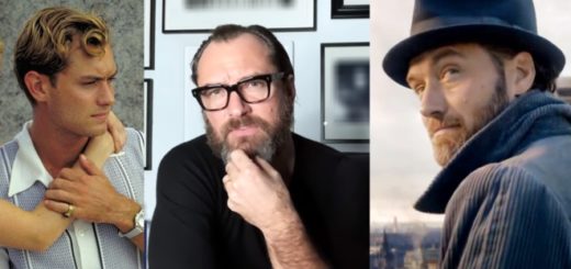 A split image of Jude Law as Dickie in The Talented Mr. Ripley, as Dumbledore in Fantastic Beasts, and as himself on Zoom is shown.