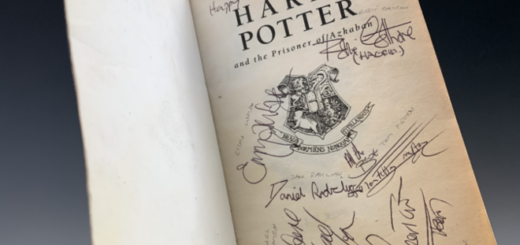 A copy of "Harry Potter and the Prisoner of Azkaban" signed by eight of the film's actors is pictured as displayed by David Lay Auctions.