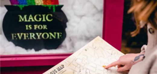 A person with red hair and glasses holds a map in the foreground. In the background, a window display with a pot of gold and the words, "Magic is for everyone," is shown.