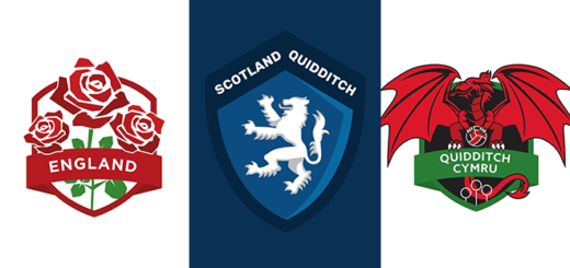 There are three logos. The logo of Team England is shown on the left, featuring red roses on a white background. The logo of Team Scotland, with a white lion, is shown in the middle on a blue background, and the logo of Team Wales, with a red dragon, is shown on the right on a white background.