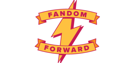 The logo for Fandom Forward features a yellow lightning bolt with a dark red shadow. Toward the top of it is the word "fandom" in capital letters on a banner; the word "forward" appears on a similar banner toward the bottom of the lightning bolt.