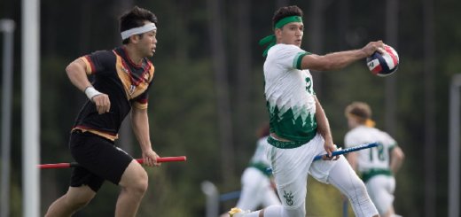 Two Muggle quidditch players, one from the Rochester Whiteout and one from the New York Titans, are pictured as photographed by Miguel Esparza.