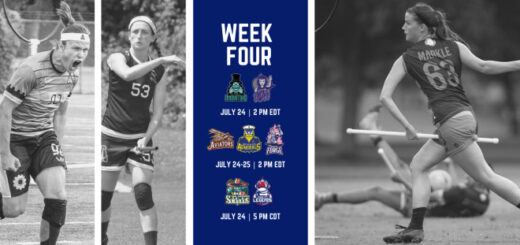 There are three black and white photos from Muggle quidditch. There is a blue column between them with teams playing in the fourth week.