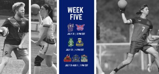 There are three black and white photos from Muggle quidditch. There is a blue column between them with teams playing in the fifth week.