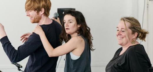 Domhnall Gleeson (Bill Weasley) is pictured at the left alongside castmates Aoife Duffin (center) and Clare Barrett (right) during a rehearsal for "Medicine" by Enda Walsh, as photographed by Sarah Weal.
