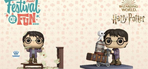 Funko Pop! Figurine of Harry catching Hogwarts letters, and Harry pushing a trolley with a Hogwarts trunk and Hedwig.