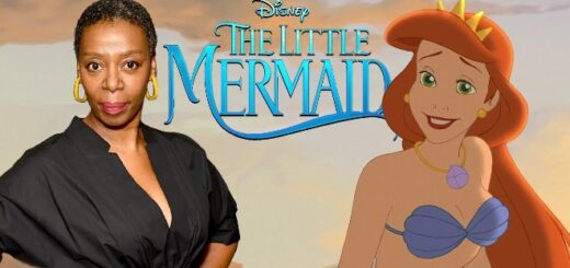Noma Dumezweni and animated Ariel in front of "The Little Mermaid" logo