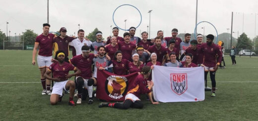 It's a group photo of quidditch team in red jerseys.