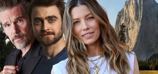 Photos of Ethan Hawke, Daniel Radcliffe, and Jessica Biel are superimposed in front of a shot of El Capitan in Yosemite National Park.