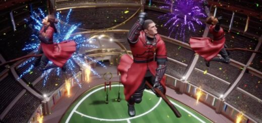 The Bulgarian Quidditch Team celebrates in a video still of the "Harry Potter: Quidditch Champions" video game trailer.